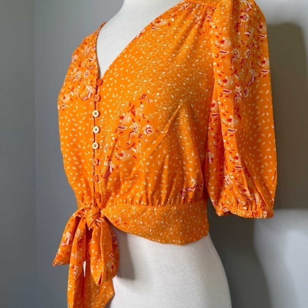 Joie Blouse Sz S Shirt Floral Orange Button Bow Tie Front Crop Cottagecore - Picture 4 of 11